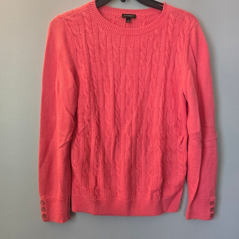 Talbots Pink Cable Knit Lambswool Blend Sweater Womens M Crewneck Preppy Classic